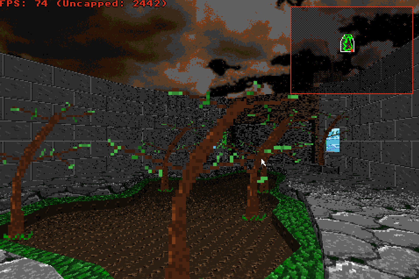 An outdoor RC3D sector showing textured geometry, billboard trees, a panoramic sky and the exploration-based minimap.