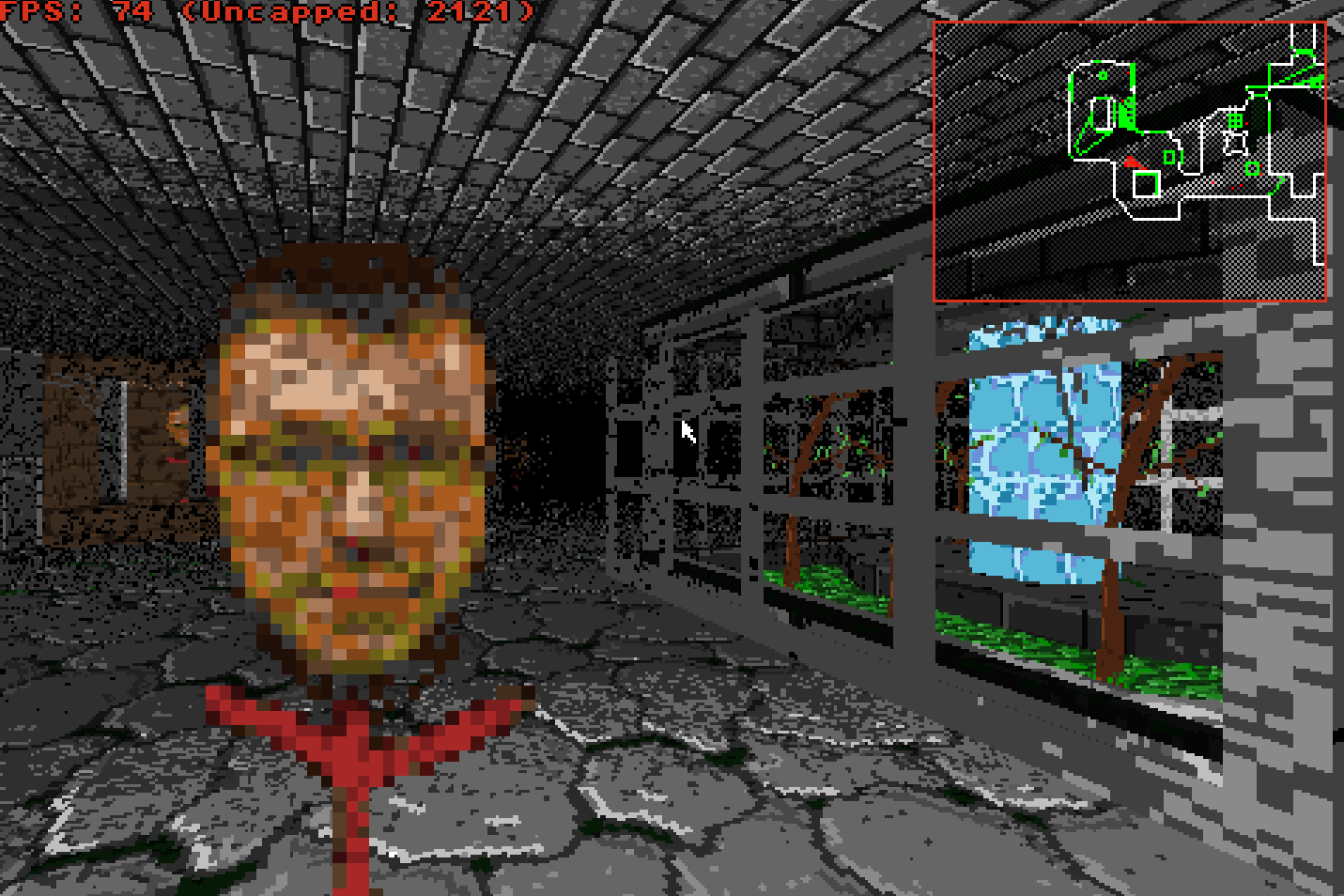 A billboard character rendered inside the environment. The sprite is depth-clipped against nearby walls and window geometry